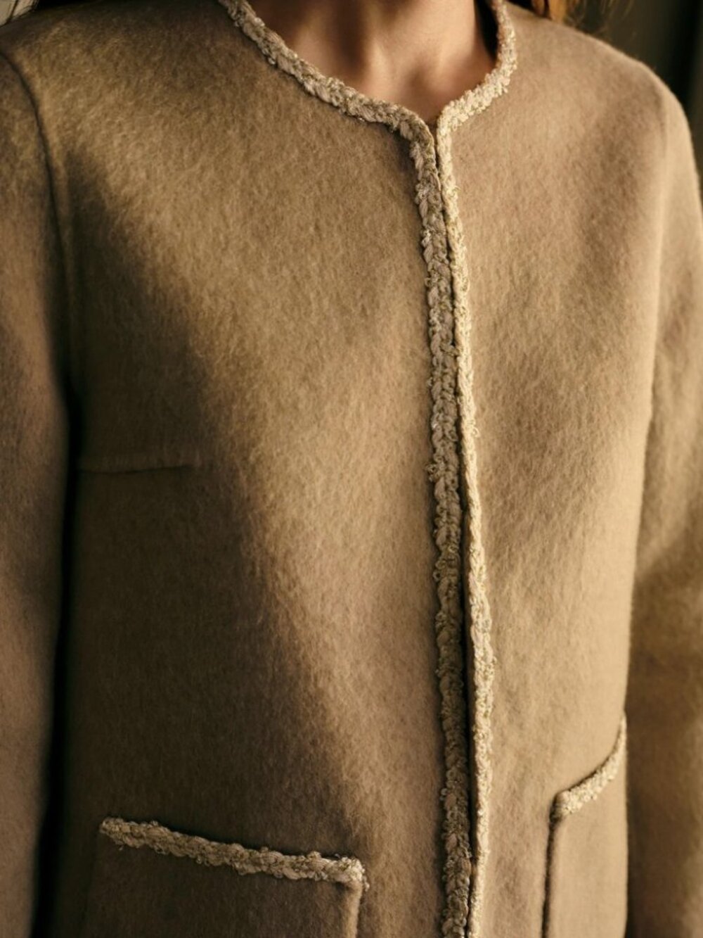 Tan Wool-Blend Contrast Braided Trim Collarless Coat Jacket w/ Pockets